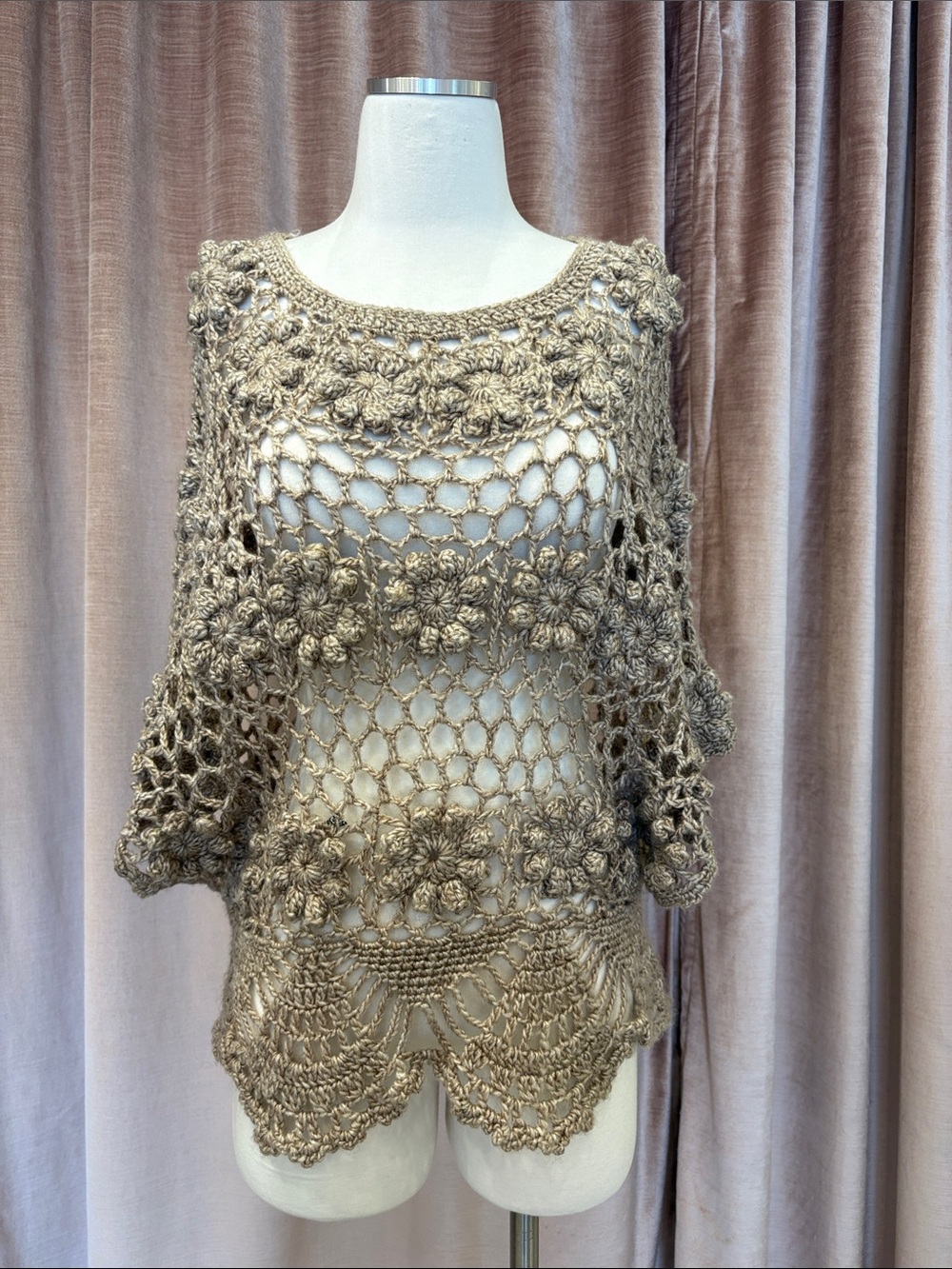 Crochet Floral Knit Top in Taupe